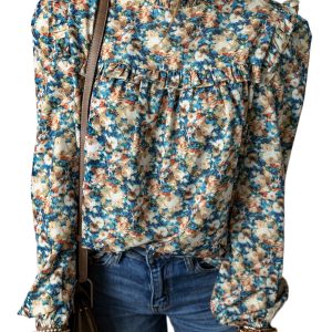Women's Sky Blue Floral Print Frilled Mock Neck Puff Sleeve Blouse - Main View