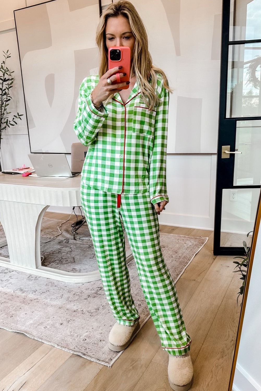 Women's Pajama Set, Light Green, Christmas Plaid Print, Long Sleeve Shirt, Cozy, Comfortable, Stylish, Festive, Holiday Wear, Loungewear, Sleepwear, Jumpsuit - Detail View 10 Women's Pajama Set, Light Green, Christmas Plaid Print, Long Sleeve Shirt, Cozy, Comfortable, Stylish, Festive, Holiday Wear, Loungewear, Sleepwear, Jumpsuit - Detail View 10