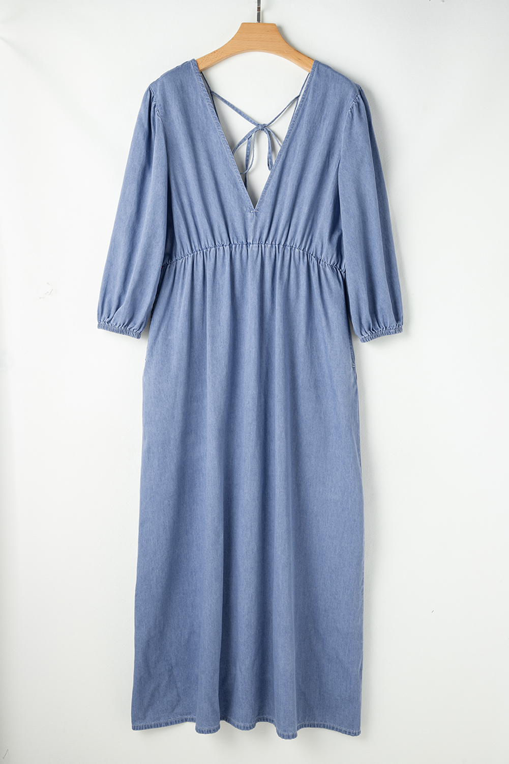Women's Maxi Dress, Myosotis Chambray, Deep V Neck, High Waist, Flared Sleeves, Classic Style, Timeless Appeal, Versatile, Maxi Length, Elegant, Solid Color, Fashionable, Spring Wear, Daily Wear, Dresses, Maxi Dresses - Detail View 4 Women's Maxi Dress, Myosotis Chambray, Deep V Neck, High Waist, Flared Sleeves, Classic Style, Timeless Appeal, Versatile, Maxi Length, Elegant, Solid Color, Fashionable, Spring Wear, Daily Wear, Dresses, Maxi Dresses - Detail View 4