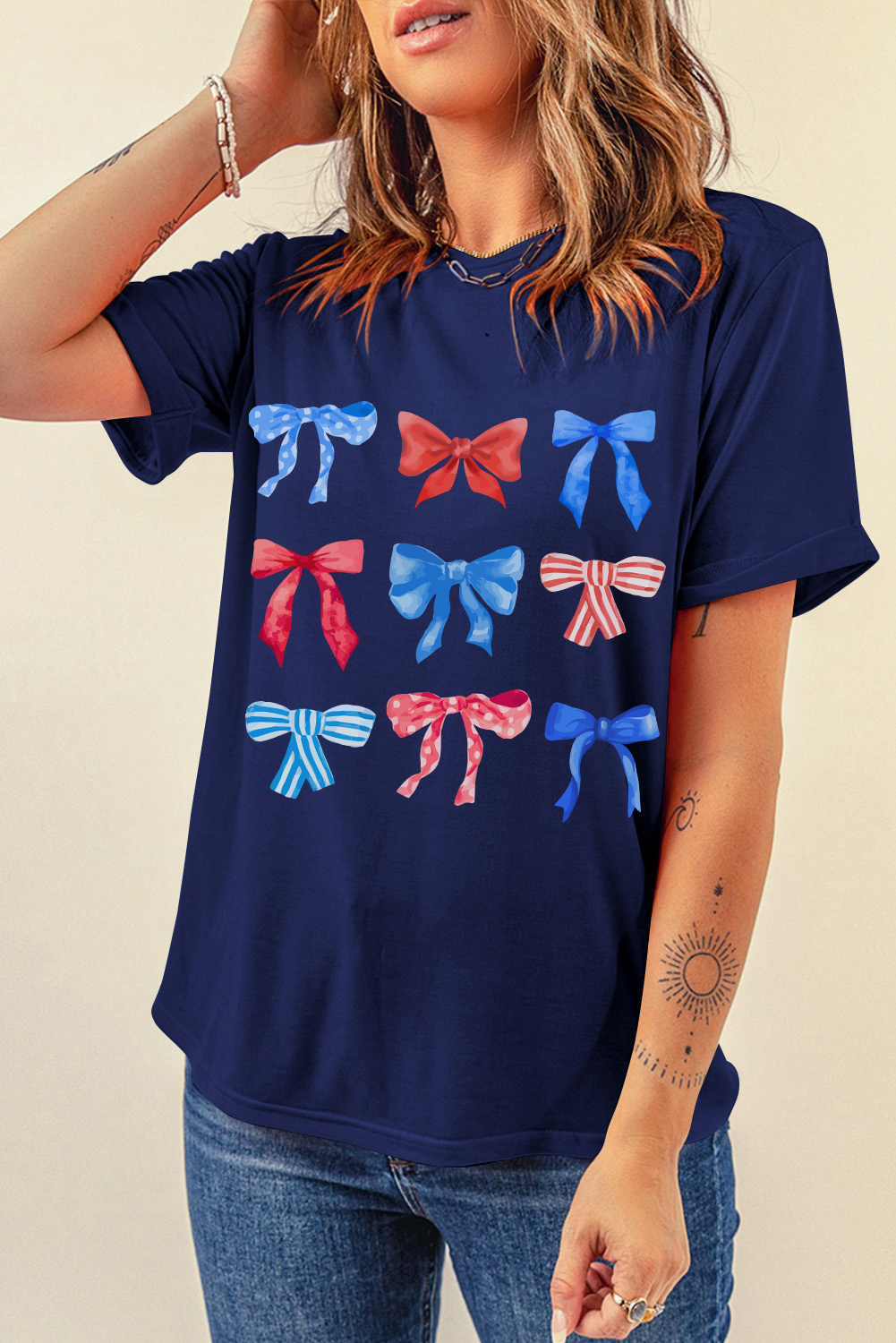 Women's Casual Bowknot Print Tee, Summer Graphic Round Neck - Detail View 6 Women's Casual Bowknot Print Tee, Summer Graphic Round Neck - Detail View 6
