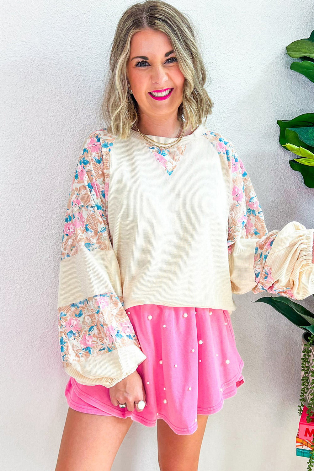 Comfortable and Stylish Long Sleeve Plus Size Top - Apricot Floral Pattern - Detail View 3 Comfortable and Stylish Long Sleeve Plus Size Top - Apricot Floral Pattern - Detail View 3