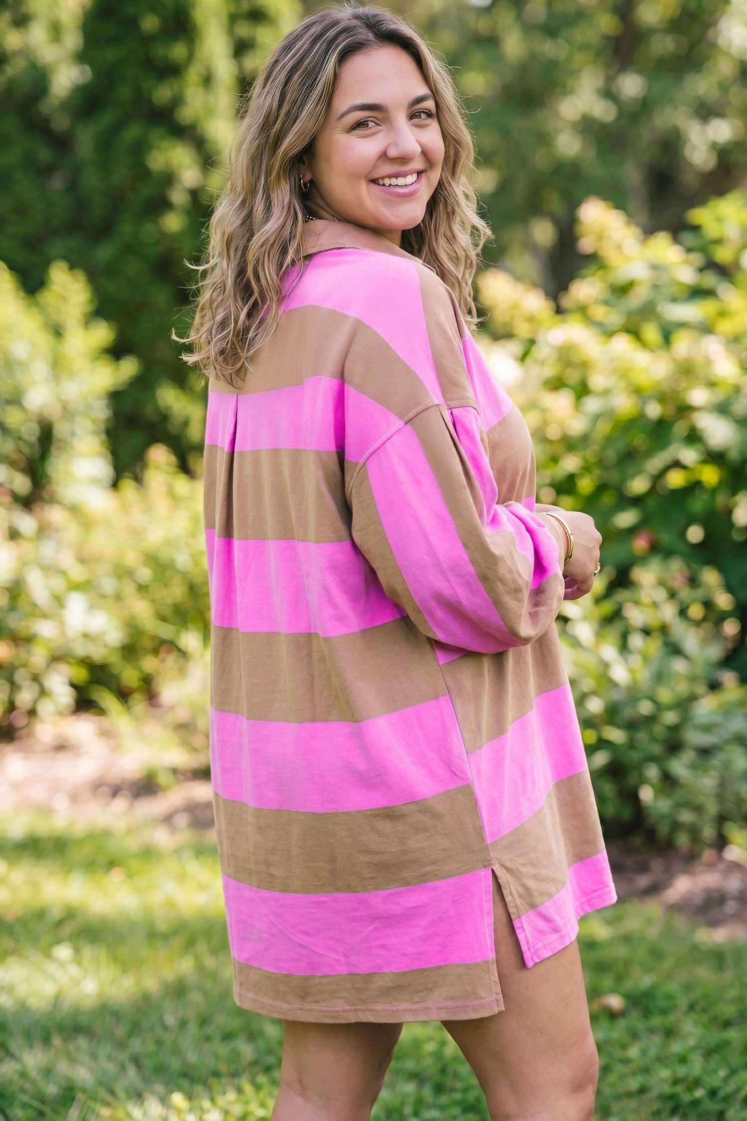 Women's Rose Stripe Dress, Loose Colorblock Shift - Detail View 2 Women's Rose Stripe Dress, Loose Colorblock Shift - Detail View 2