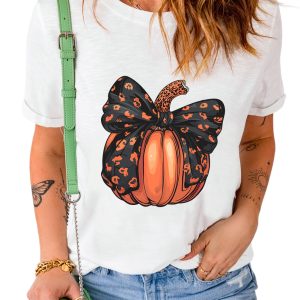 Women's White Halloween Pumpkin Graphic Crewneck T-Shirt with Bowknot Detail - Main View