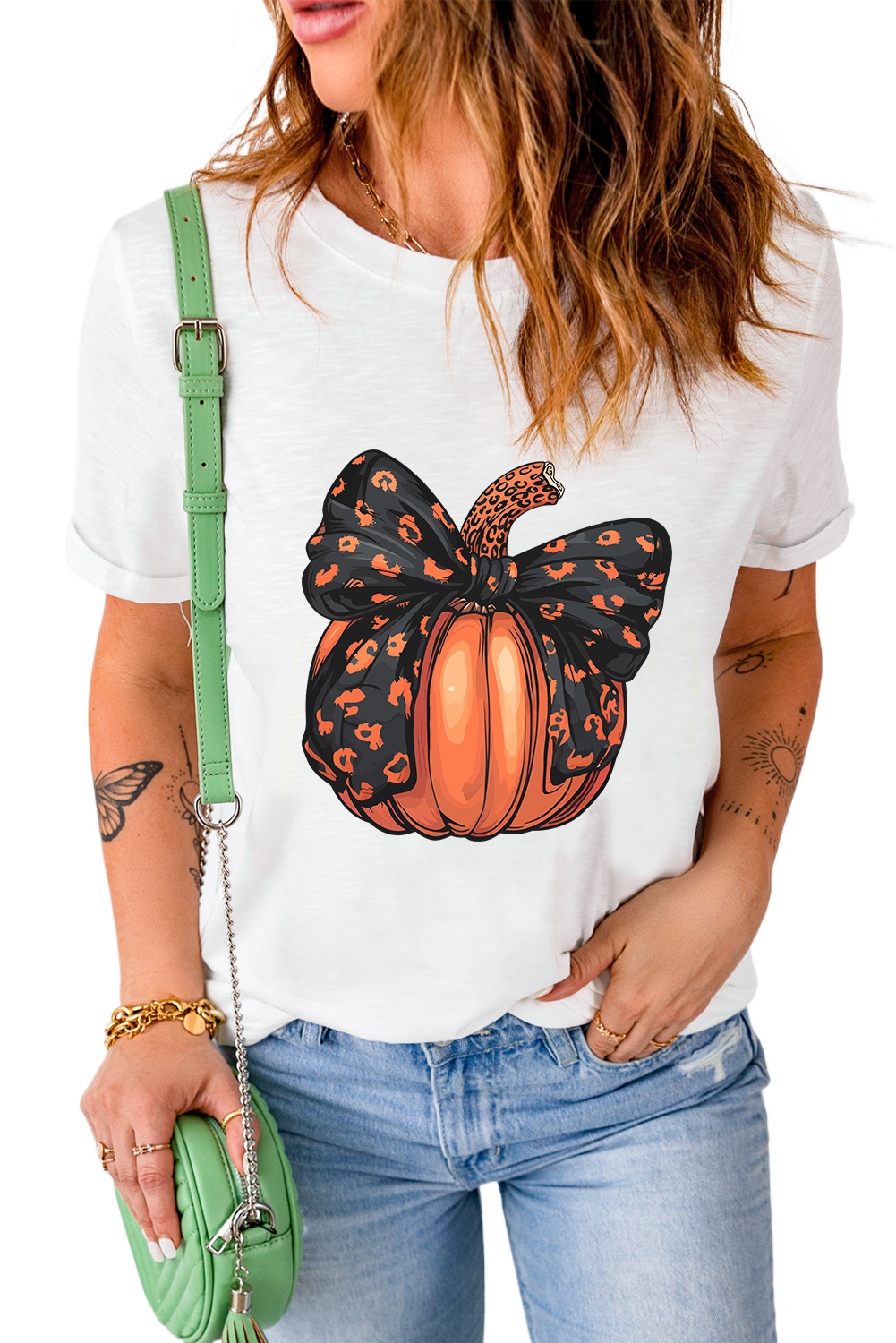 Women's White Halloween Pumpkin Graphic Crewneck T-Shirt with Bowknot Detail - Main View Women's White Halloween Pumpkin Graphic Crewneck T-Shirt with Bowknot Detail - Main View