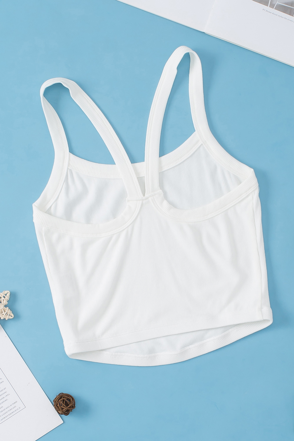 Essential Ribbed Cami Top, Solid White Sleeveless Crop - Detail View 11 Essential Ribbed Cami Top, Solid White Sleeveless Crop - Detail View 11