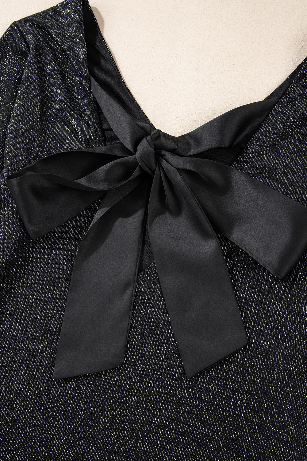 Flattering Long Sleeve Top: Black Metallic Bowknot Open Back V Neck with round collar - Detail View 13 Flattering Long Sleeve Top: Black Metallic Bowknot Open Back V Neck with round collar - Detail View 13
