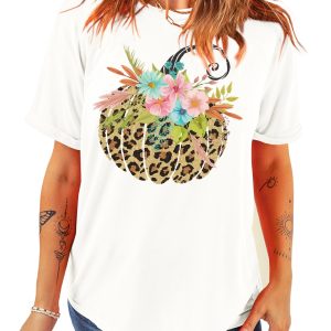 Women's White Floral Leopard Pumpkin Graphic Halloween T-Shirt - Main View