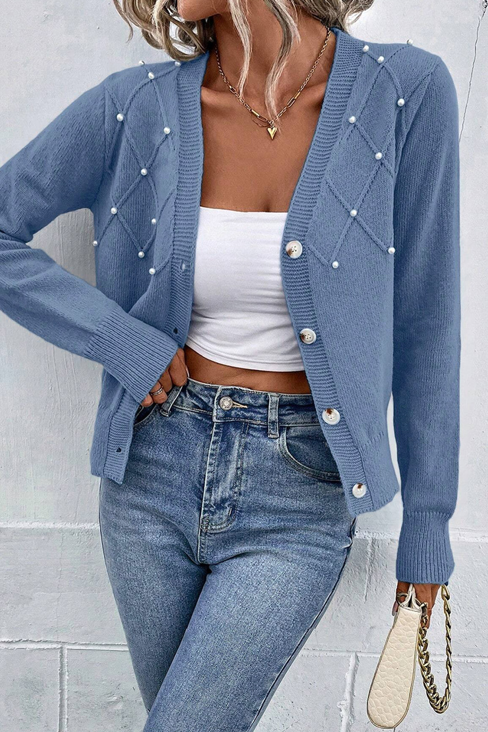 Luxurious Pearl Beaded Cardigan - Textured Knit Long Sleeve V Neck Cardigan - Detail View 2 Luxurious Pearl Beaded Cardigan - Textured Knit Long Sleeve V Neck Cardigan - Detail View 2