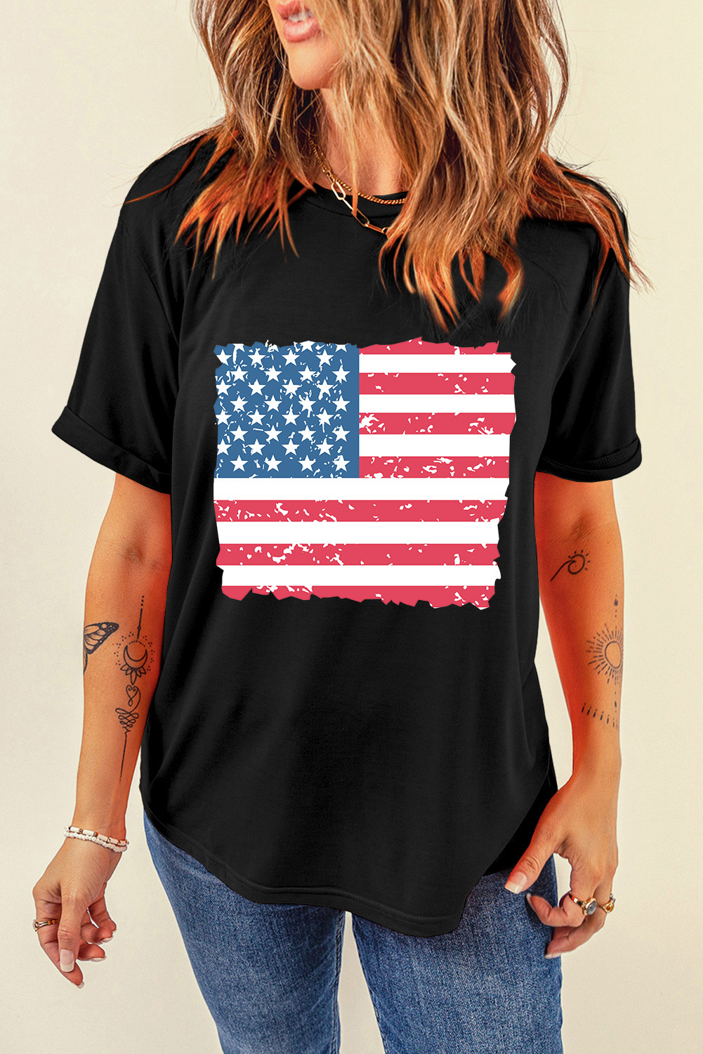 Patriotic Graphic Tee with Frayed Edges - Black - Detail View 7 Patriotic Graphic Tee with Frayed Edges - Black - Detail View 7