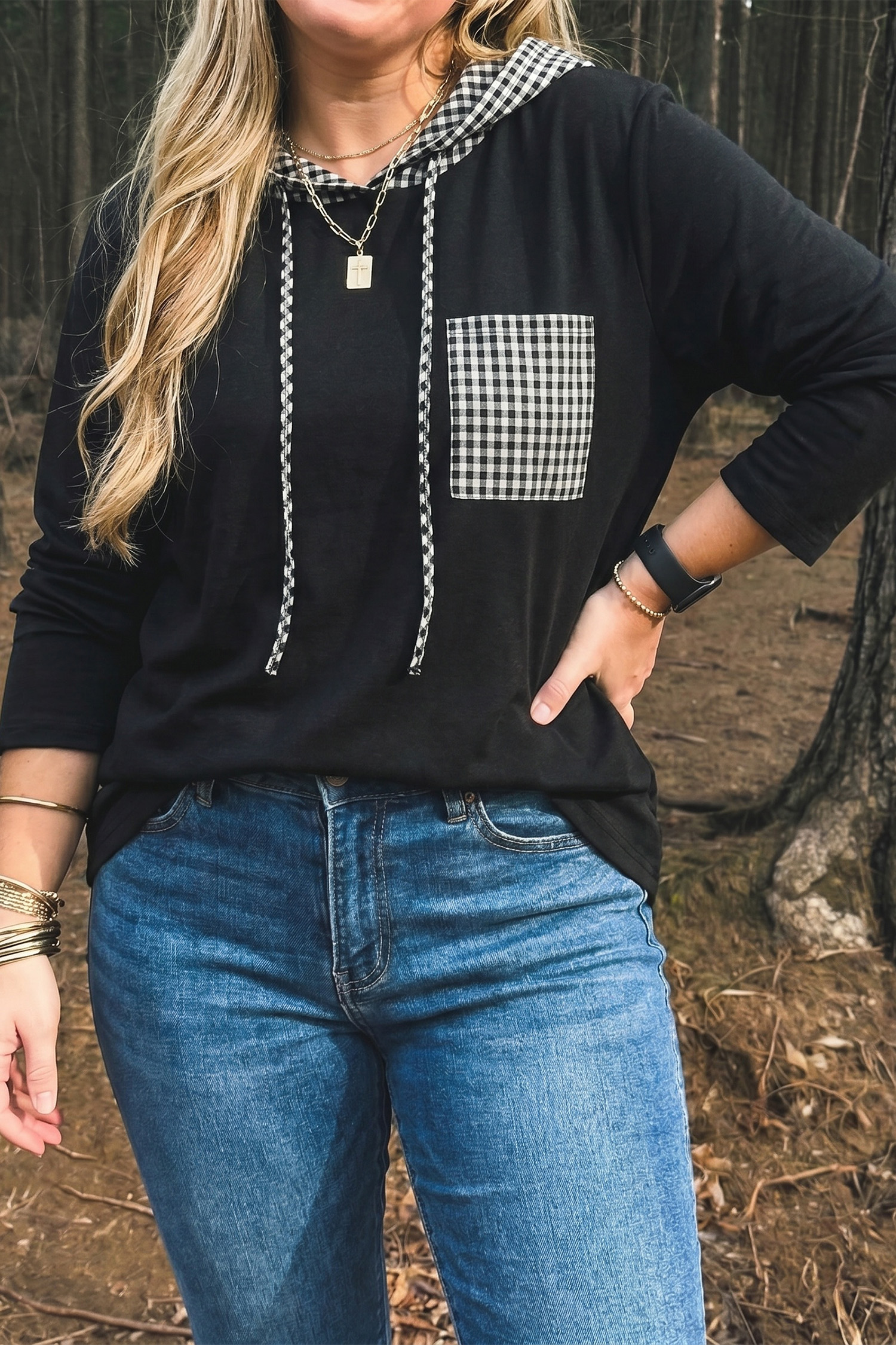 Women's Patchwork Hoodie, Black Gingham Trim Pullover - Detail View 5 Women's Patchwork Hoodie, Black Gingham Trim Pullover - Detail View 5