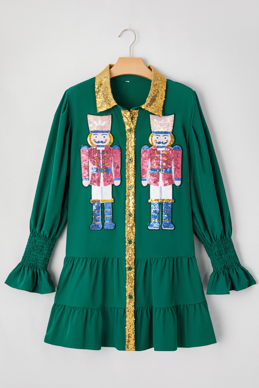 Women's Mini Dress, Evergreen Color, Christmas Dress, Sequin Detail, Nutcracker Graphic, Collared Dress, Long Sleeve, Ruffled Sleeves, Holiday Fashion, Elegant Design, Daily Wear, Fall & Autumn, Shift Silhouette, Cute and Festive, 100% Polyester, Stylish Layered Dress - Detail View 4 Women's Mini Dress, Evergreen Color, Christmas Dress, Sequin Detail, Nutcracker Graphic, Collared Dress, Long Sleeve, Ruffled Sleeves, Holiday Fashion, Elegant Design, Daily Wear, Fall & Autumn, Shift Silhouette, Cute and Festive, 100% Polyester, Stylish Layered Dress - Detail View 4