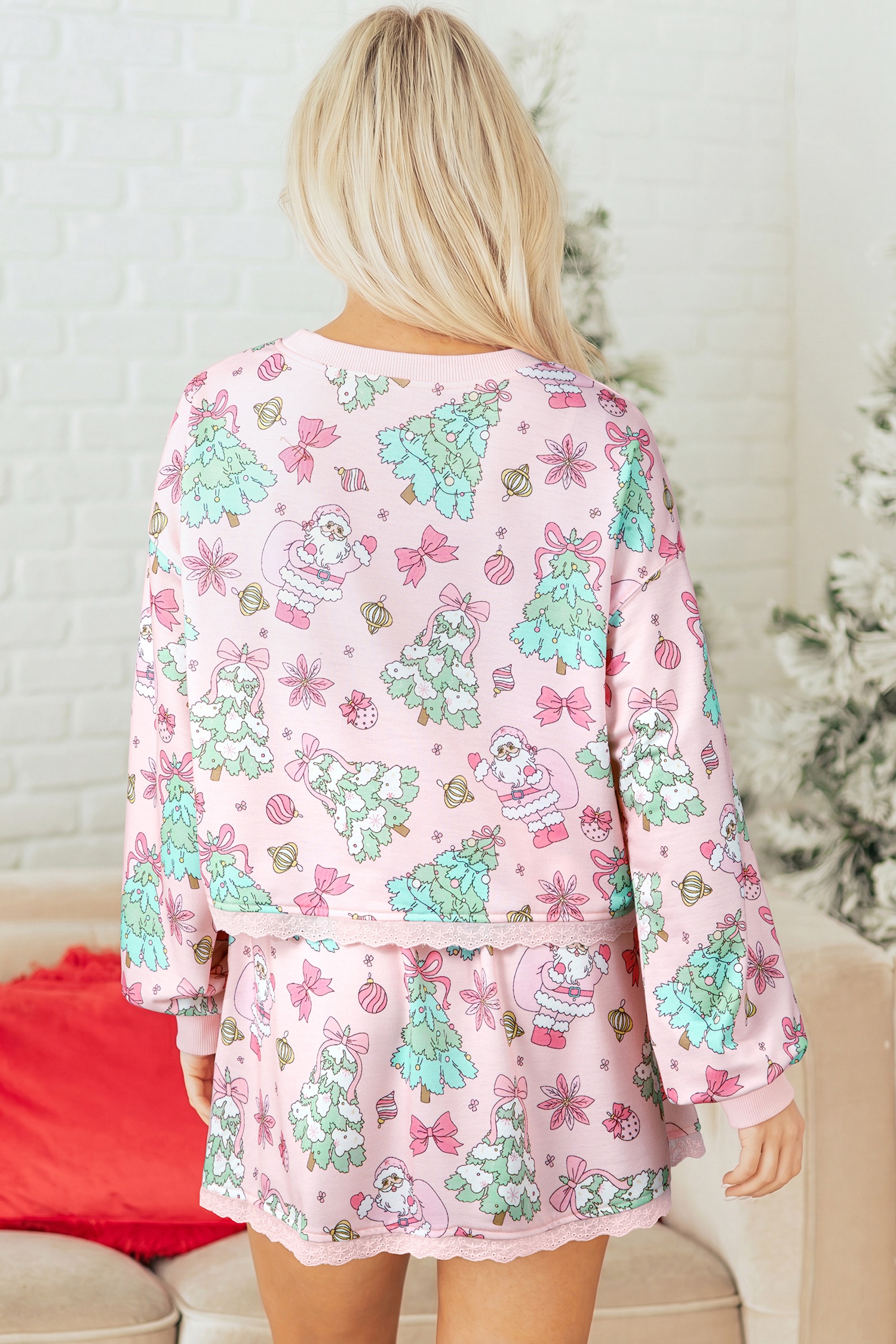 Women's Soft Pink Holiday Skirt Set, Stretchy Long Sleeve - Detail View 3 Women's Soft Pink Holiday Skirt Set, Stretchy Long Sleeve - Detail View 3