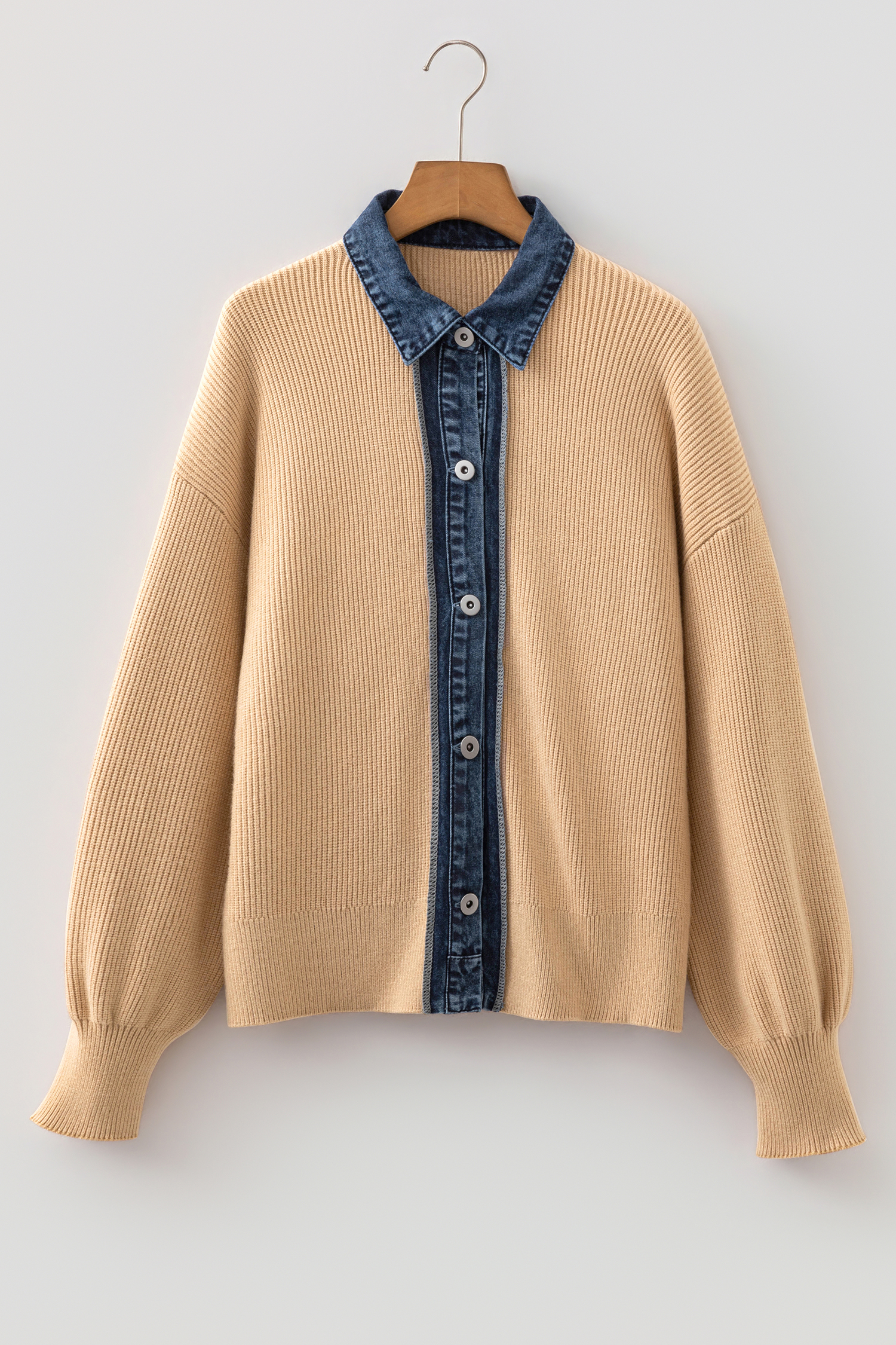 Women's Collar Knit Cardigan, Casual Patchwork Sweater - Detail View 16 Women's Collar Knit Cardigan, Casual Patchwork Sweater - Detail View 16