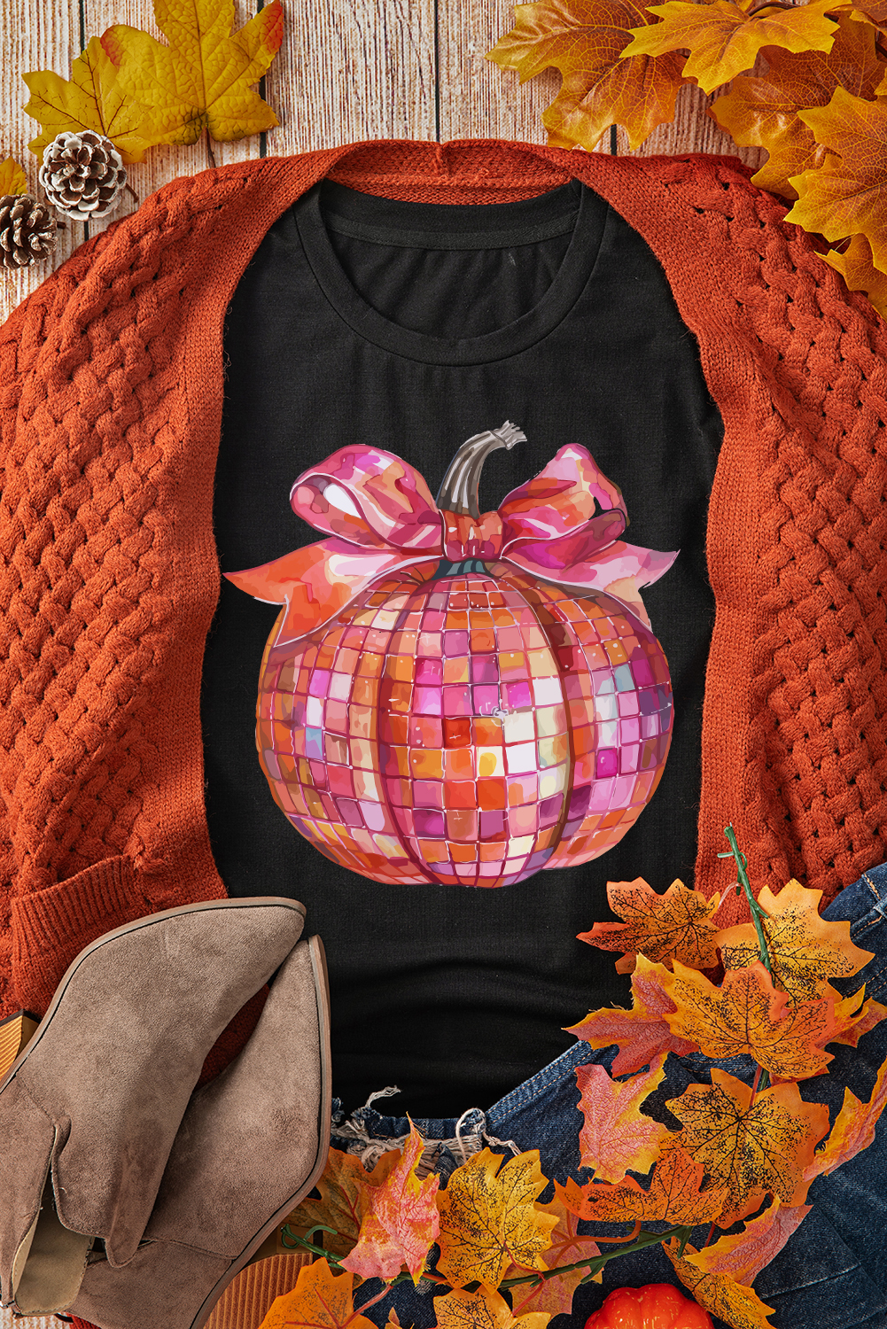 Casual Black Crewneck Tee with Festive Bow Pumpkin Print - Perfect for Fall - Detail View 2 Casual Black Crewneck Tee with Festive Bow Pumpkin Print - Perfect for Fall - Detail View 2