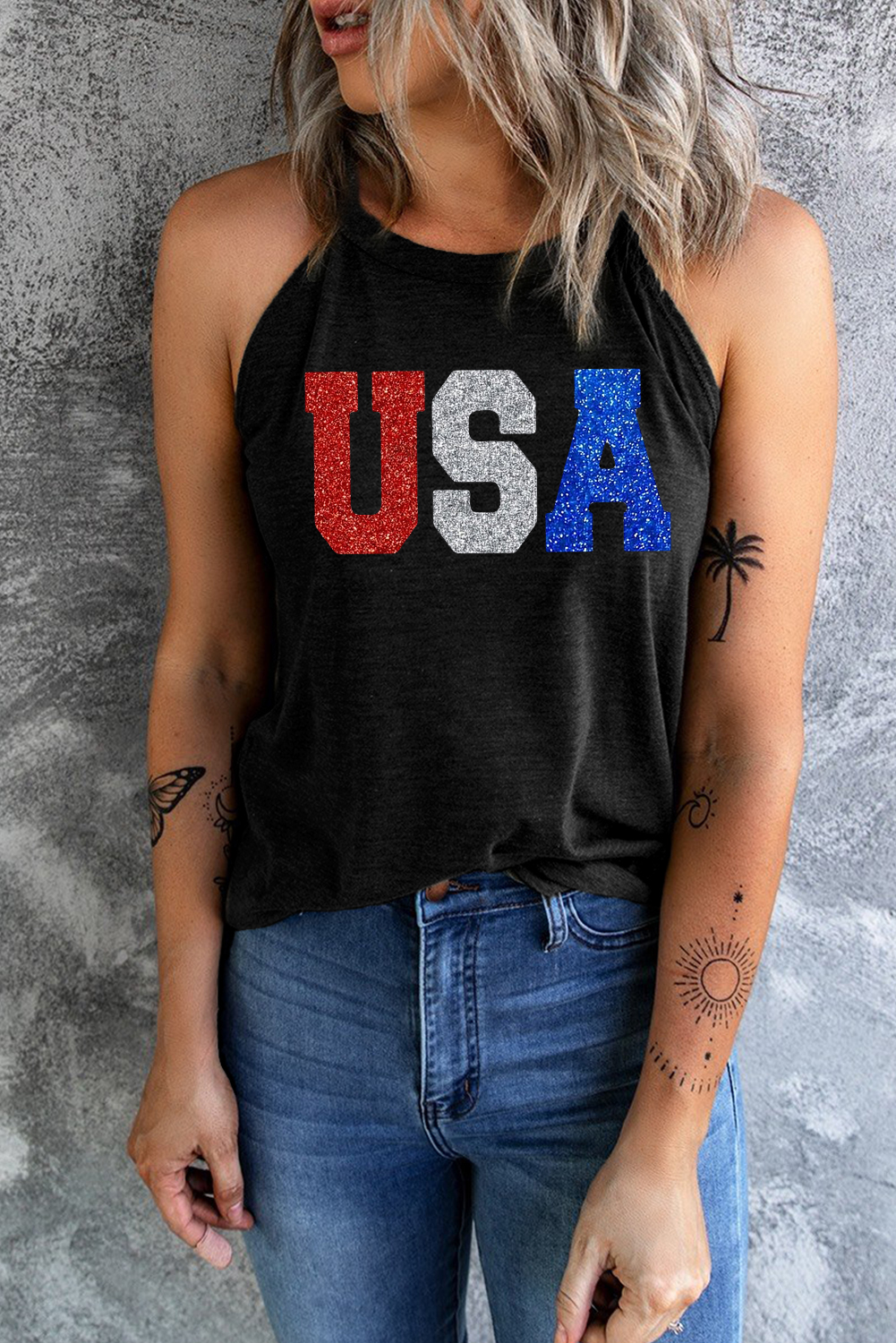 Summer USA Letter Tank Top, Casual Round Neck Women's Top - Detail View 3 Summer USA Letter Tank Top, Casual Round Neck Women's Top - Detail View 3