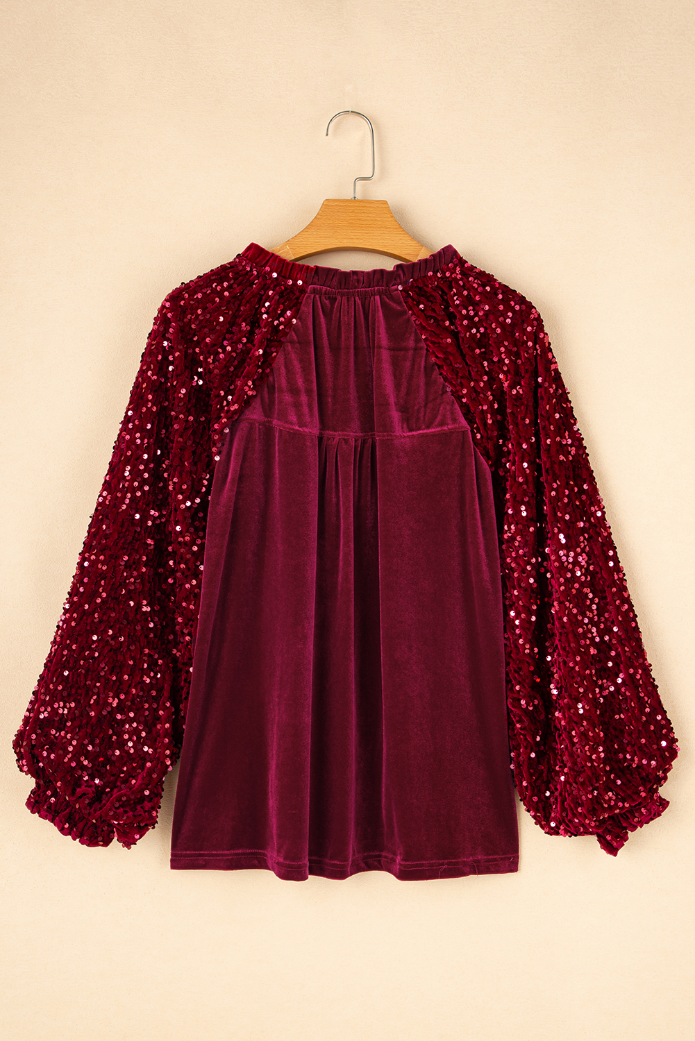 Elegant Red Velvet Blouse with Long Sequin Sleeves and Ruffled V Neck - Detail View 10 Elegant Red Velvet Blouse with Long Sequin Sleeves and Ruffled V Neck - Detail View 10