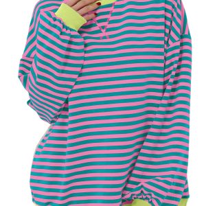 Women's Oversized Green Stripe Contrast Trim Pullover Sweatshirt - Main View