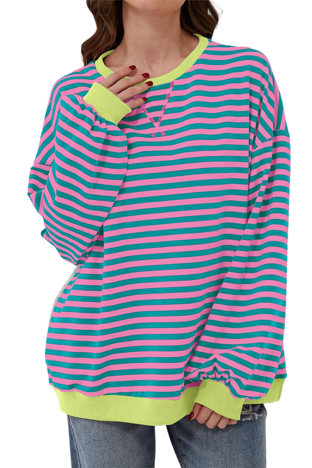 Women's Oversized Green Stripe Contrast Trim Pullover Sweatshirt - Main View Women's Oversized Green Stripe Contrast Trim Pullover Sweatshirt - Main View