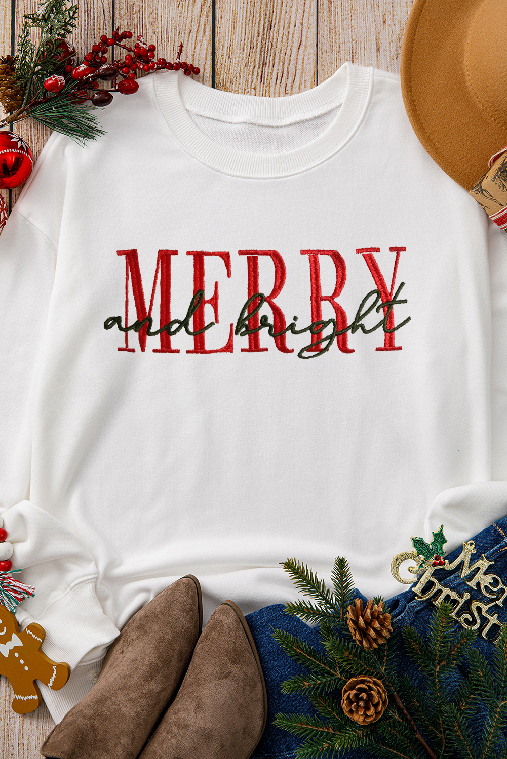 Women's Sweatshirt, Beige Sweatshirt, Embroidered Graphic, MERRY and Bright, Casual Pullover, Long Sleeve, Holiday Wear, Comfortable, Everyday Style, Letter Pattern, Versatile Fashion, Fall Fashion, Christmas Apparel, Cozy Sweater, Graphic Sweatshirts - Detail View 8 Women's Sweatshirt, Beige Sweatshirt, Embroidered Graphic, MERRY and Bright, Casual Pullover, Long Sleeve, Holiday Wear, Comfortable, Everyday Style, Letter Pattern, Versatile Fashion, Fall Fashion, Christmas Apparel, Cozy Sweater, Graphic Sweatshirts - Detail View 8