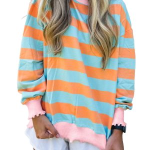 Women's Striped Round Neck Top, Casual Colorblock Shirt - Main View