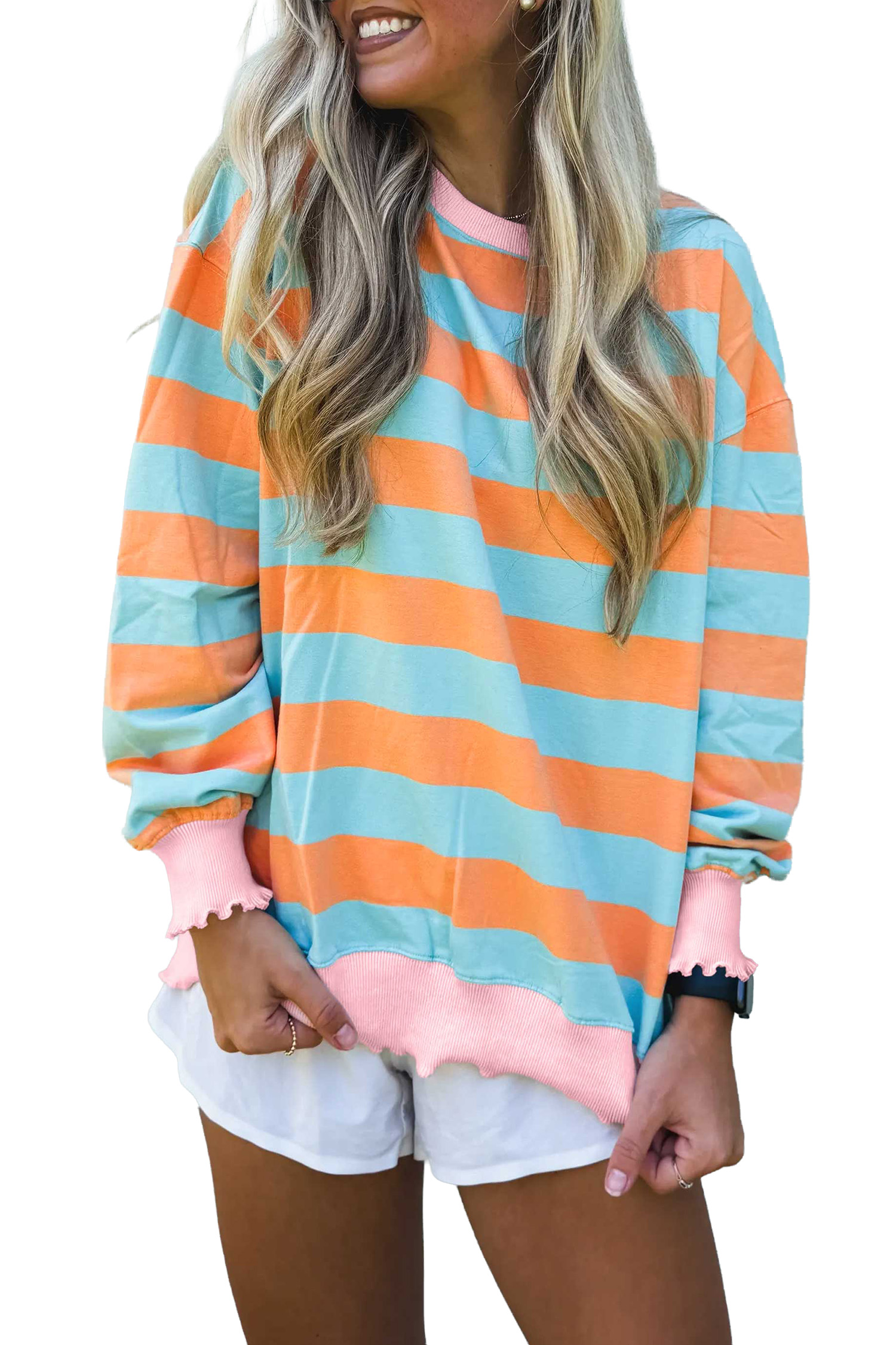 Women's Striped Round Neck Top, Casual Colorblock Shirt - Main View Women's Striped Round Neck Top, Casual Colorblock Shirt - Main View