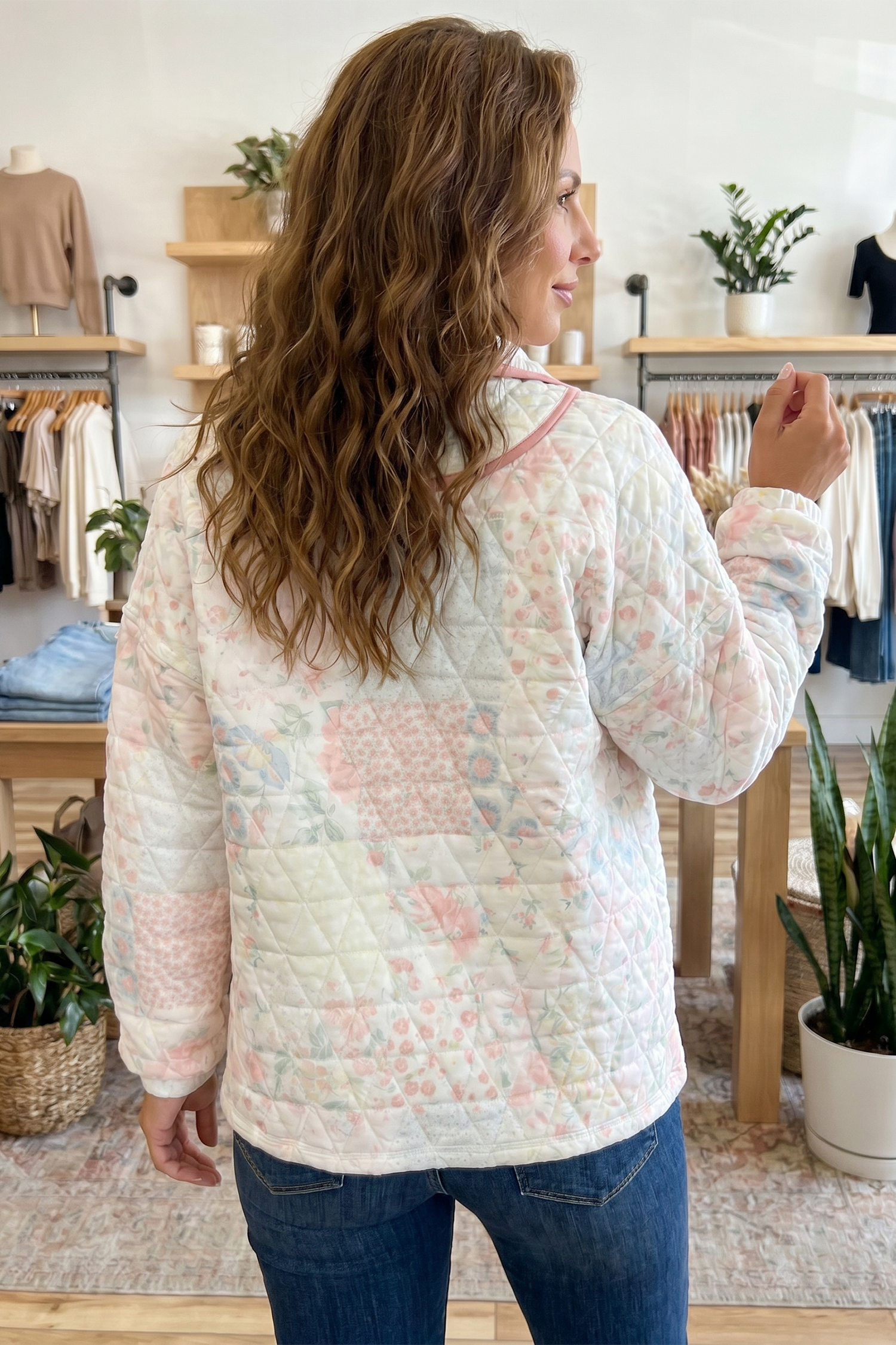 Quilted Floral Long Sleeve Top, Cozy Multicolour Shift Layer - Detail View 2 Quilted Floral Long Sleeve Top, Cozy Multicolour Shift Layer - Detail View 2