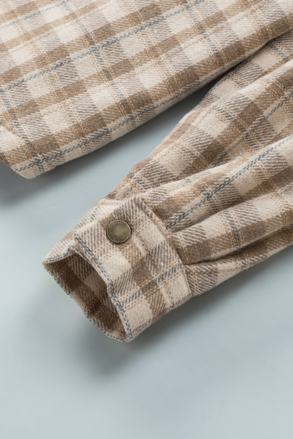 Women's Khaki Plaid Shacket, Sherpa Lined Hooded Jacket - Detail View 10 Women's Khaki Plaid Shacket, Sherpa Lined Hooded Jacket - Detail View 10
