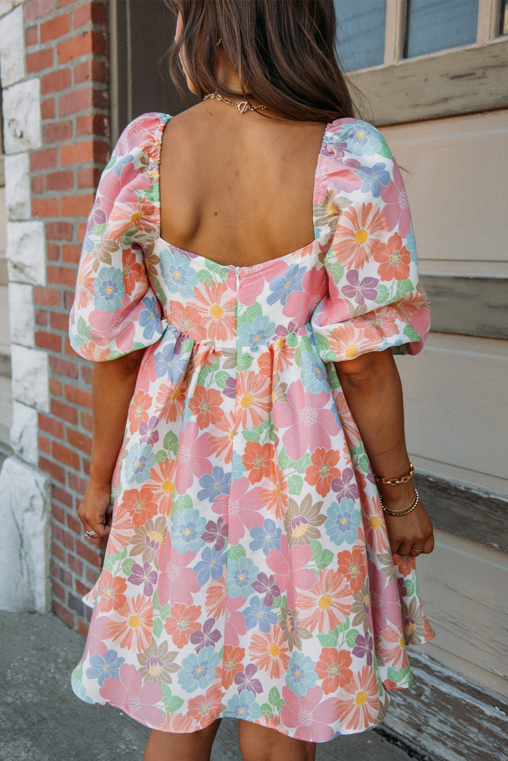 Casual Floral Babydoll Dress, Square Neck Short Sleeve Mini - Detail View 3 Casual Floral Babydoll Dress, Square Neck Short Sleeve Mini - Detail View 3