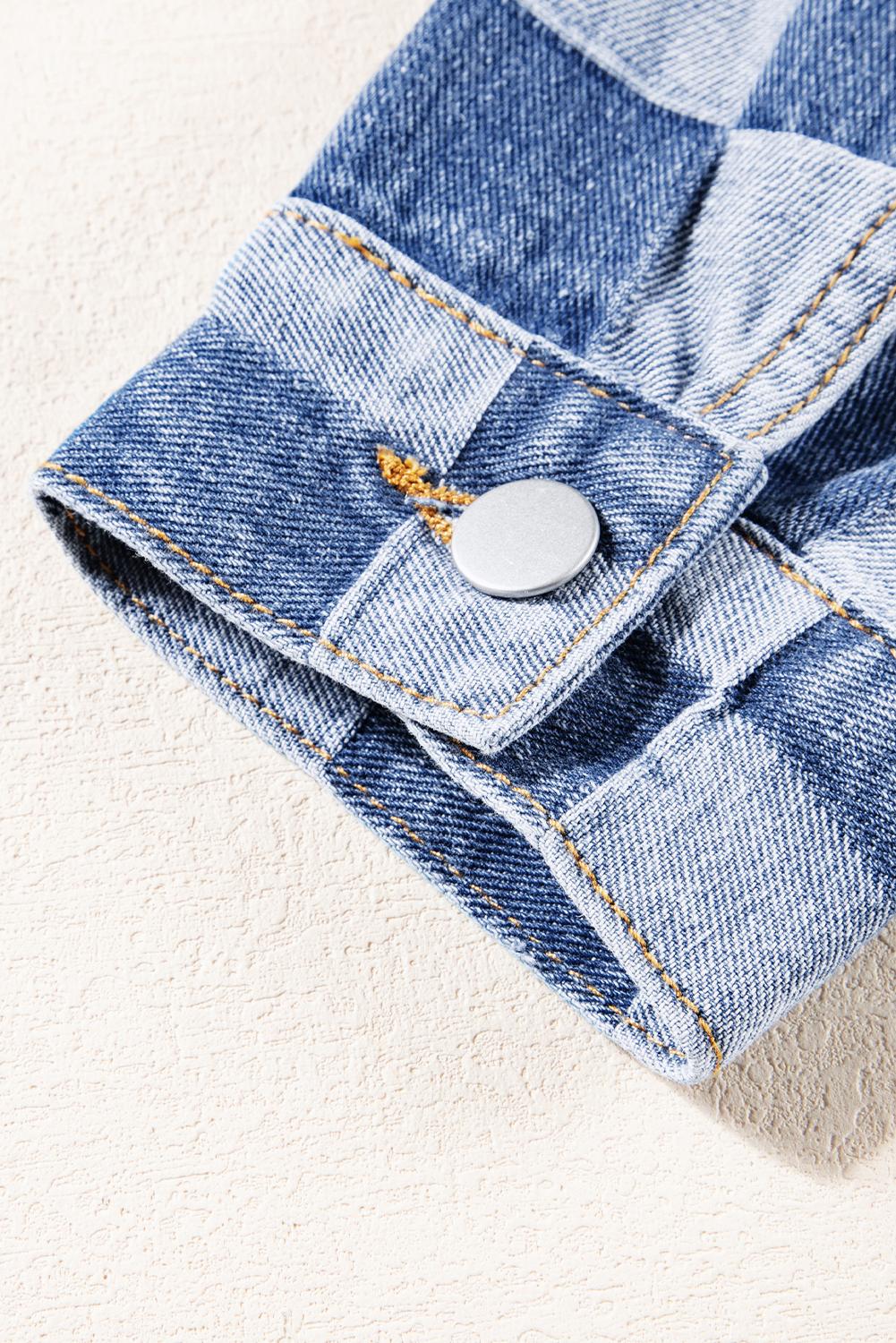 Women's Denim Jacket, Light Blue, Checkered Patchwork, Button-Up, Long Sleeve, Casual Style, Fall & Autumn Wear, Two-Tone Pattern, Flap Pockets, Practical, Trendy, Versatile, Outerwear, Plaid Pattern - Detail View 15 Women's Denim Jacket, Light Blue, Checkered Patchwork, Button-Up, Long Sleeve, Casual Style, Fall & Autumn Wear, Two-Tone Pattern, Flap Pockets, Practical, Trendy, Versatile, Outerwear, Plaid Pattern - Detail View 15