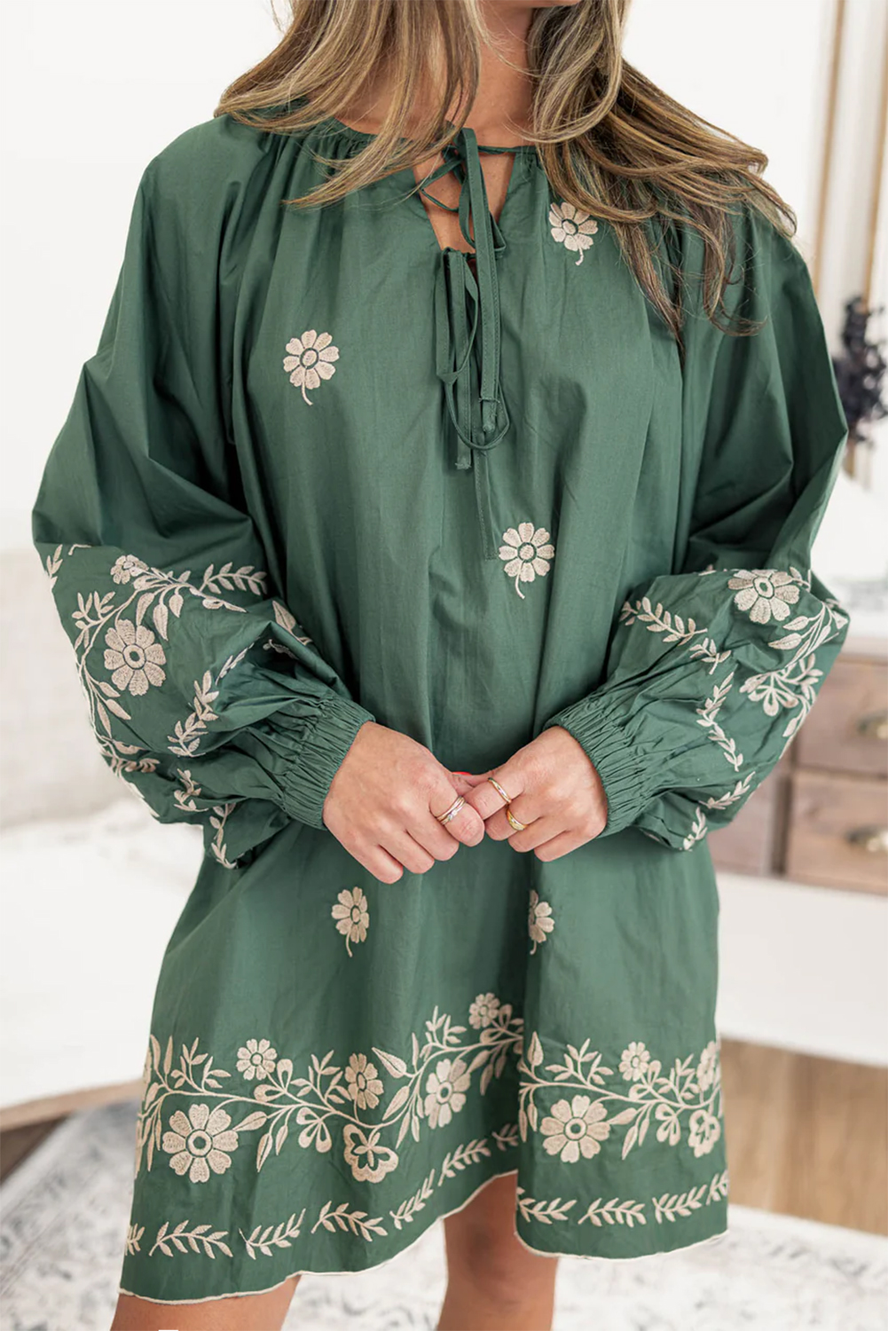 Comfortable Boho Shift Dress for Women - Floral Print and Playful Puff Sleeves - Detail View 3 Comfortable Boho Shift Dress for Women - Floral Print and Playful Puff Sleeves - Detail View 3