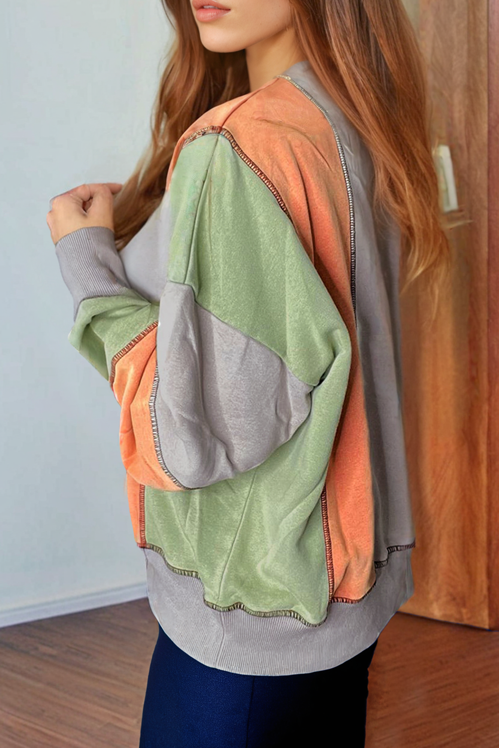 Casual Color Block Sweatshirt with Intricate Stitching - Perfect for Everyday Wear - Detail View 2 Casual Color Block Sweatshirt with Intricate Stitching - Perfect for Everyday Wear - Detail View 2