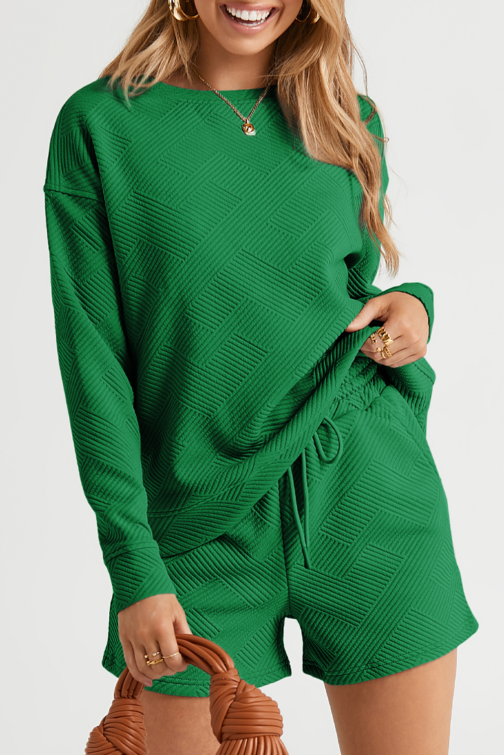 Green Ribbed Two Piece Set, Casual Long Sleeve Lounge Outfit - Detail View 2 Green Ribbed Two Piece Set, Casual Long Sleeve Lounge Outfit - Detail View 2