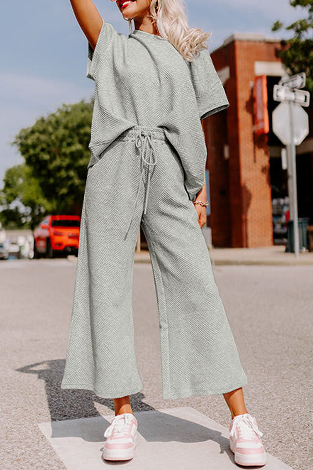 Comfy Ribbed Two Piece Set, Wide Leg Pants And Relaxed Top - Detail View 2 Comfy Ribbed Two Piece Set, Wide Leg Pants And Relaxed Top - Detail View 2