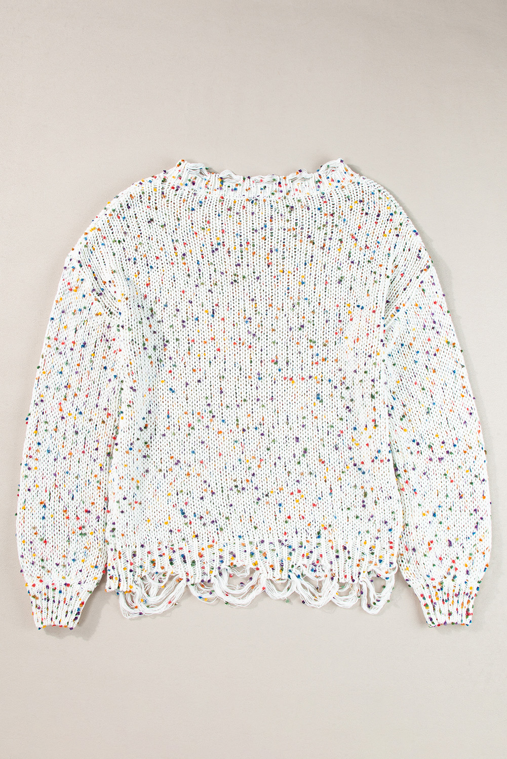 Women's White Colorful Confetti Distressed Knit Sweater - Detail View 6 Women's White Colorful Confetti Distressed Knit Sweater - Detail View 6