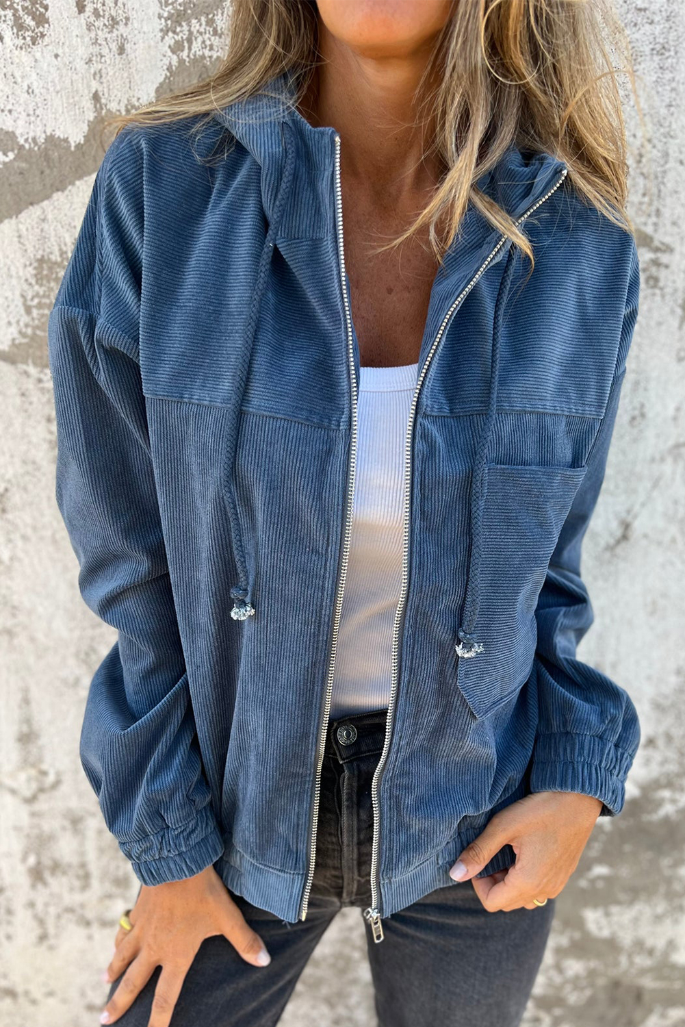 Women's Real Teal Corduroy Hooded Zip-Up Jacket - Detail View 6 Women's Real Teal Corduroy Hooded Zip-Up Jacket - Detail View 6