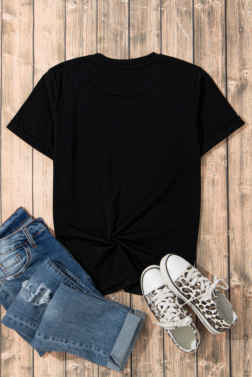 Casual Style: Black Rhinestone Smile Face Graphic Tee for Women - Detail View 7 Casual Style: Black Rhinestone Smile Face Graphic Tee for Women - Detail View 7