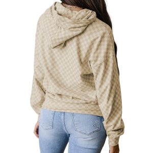 Women's Khaki Checkered Print Kangaroo Pocket Drawstring Hoodie - Main View