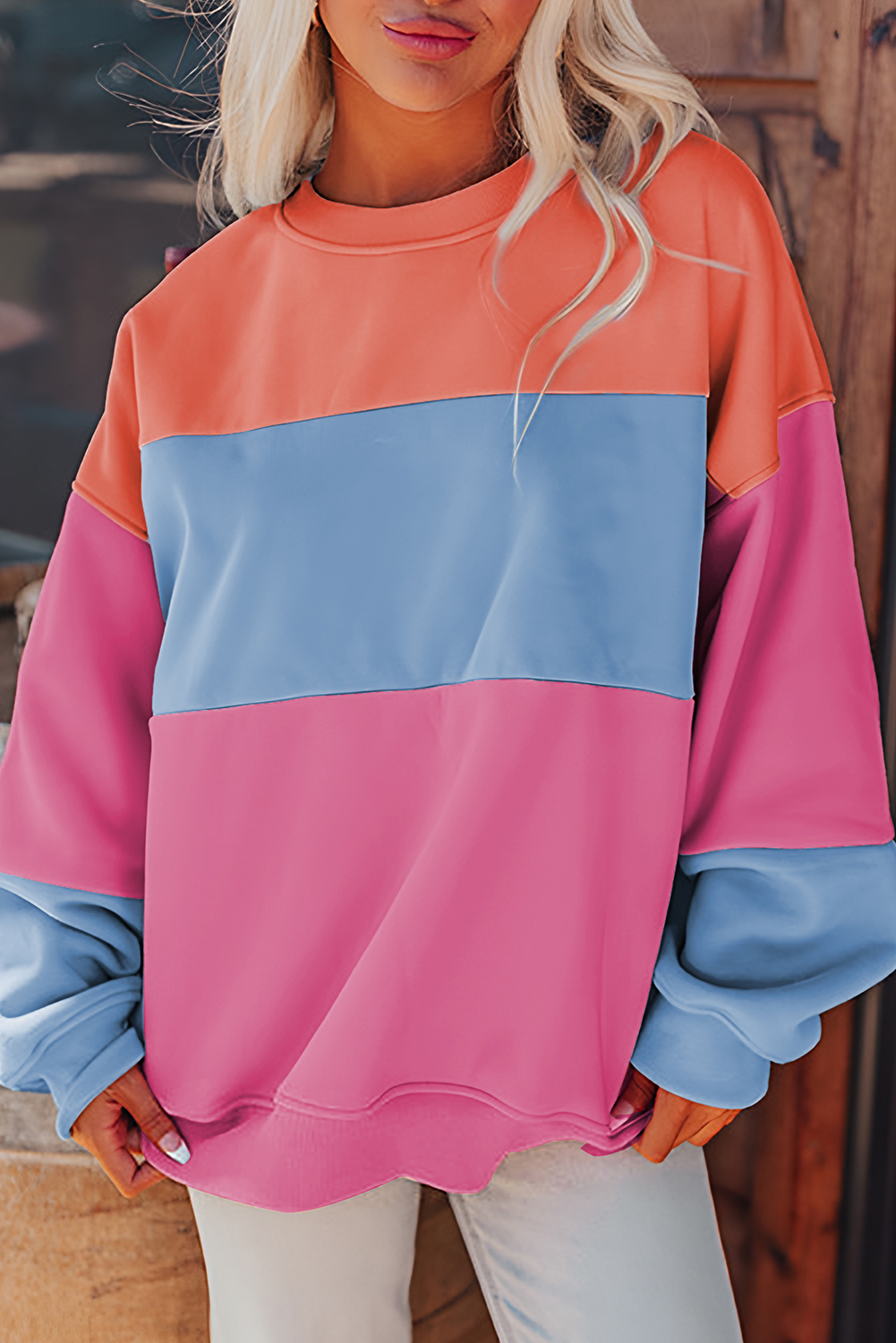 Stay Cozy and Chic with this Colorblock Patchwork Sweatshirt - Bright Pink - Detail View 2 Stay Cozy and Chic with this Colorblock Patchwork Sweatshirt - Bright Pink - Detail View 2