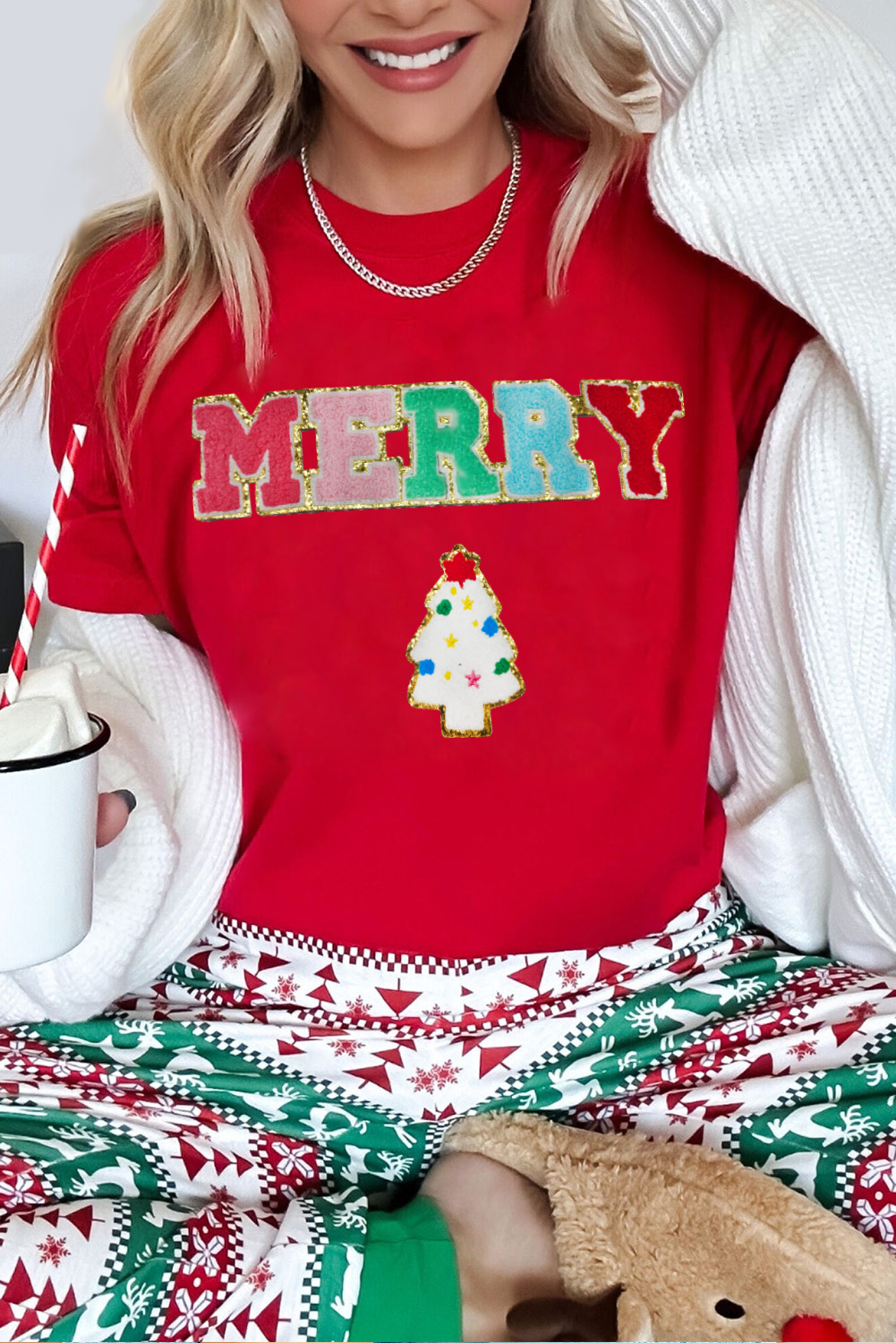 Cozy Holiday Red T-Shirt with Chenille MERRY Christmas Tree Design - Detail View 2 Cozy Holiday Red T-Shirt with Chenille MERRY Christmas Tree Design - Detail View 2