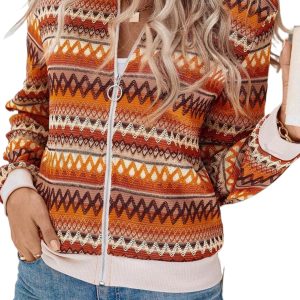 Women's Orange Boho Striped Zip Up Long Sleeve Jacket - Stylish and Versatile Outerwear - Main View