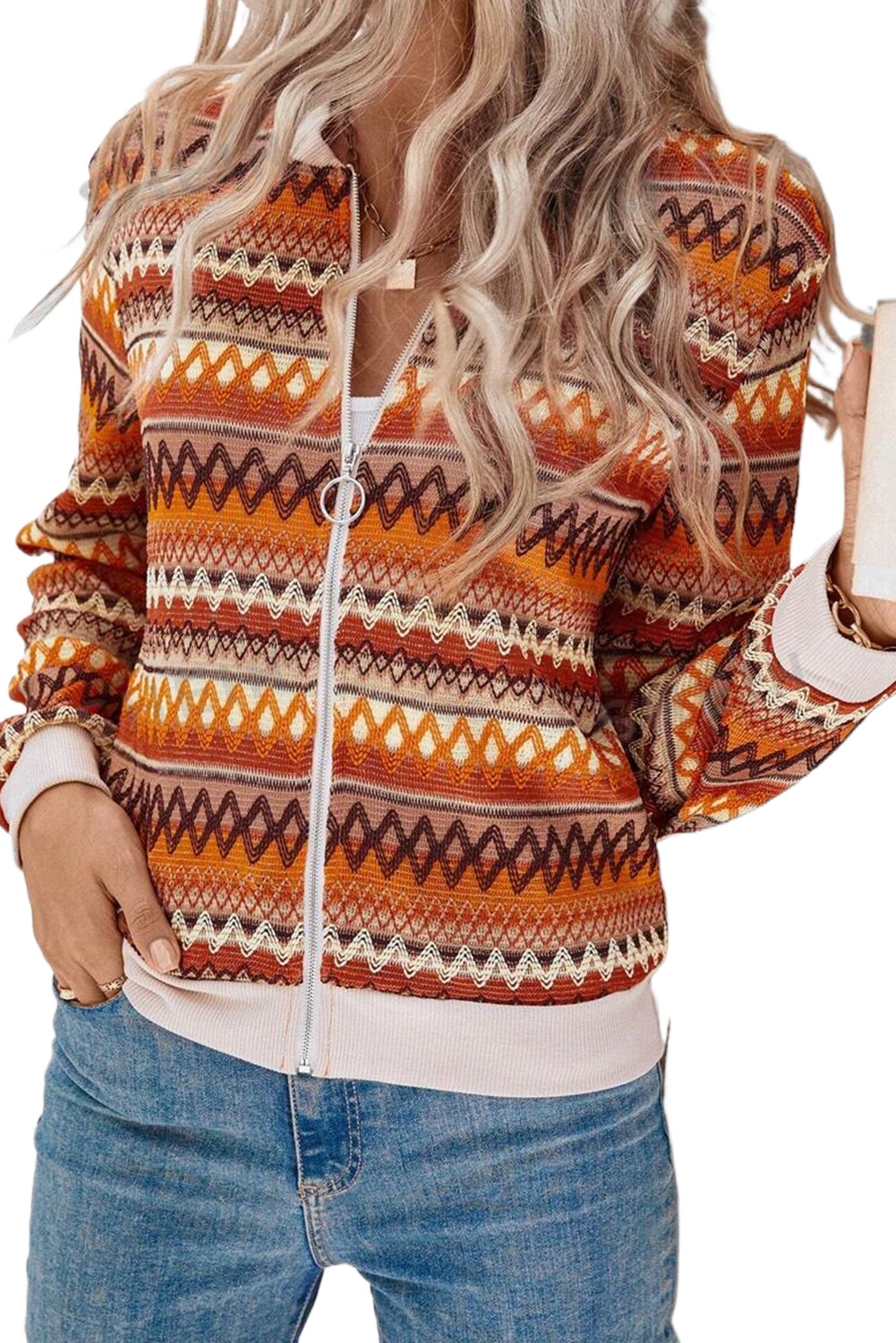 Women's Orange Boho Striped Zip Up Long Sleeve Jacket - Stylish and Versatile Outerwear - Main View Women's Orange Boho Striped Zip Up Long Sleeve Jacket - Stylish and Versatile Outerwear - Main View