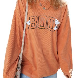 Women's Cozy Orange Embroidered BOO Ghost Halloween Sweatshirt - Main View