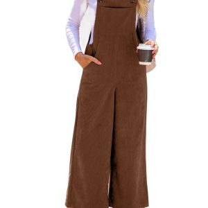 Women's Brown Corduroy Overalls, Wide Leg Casual Jumpsuit - Main View