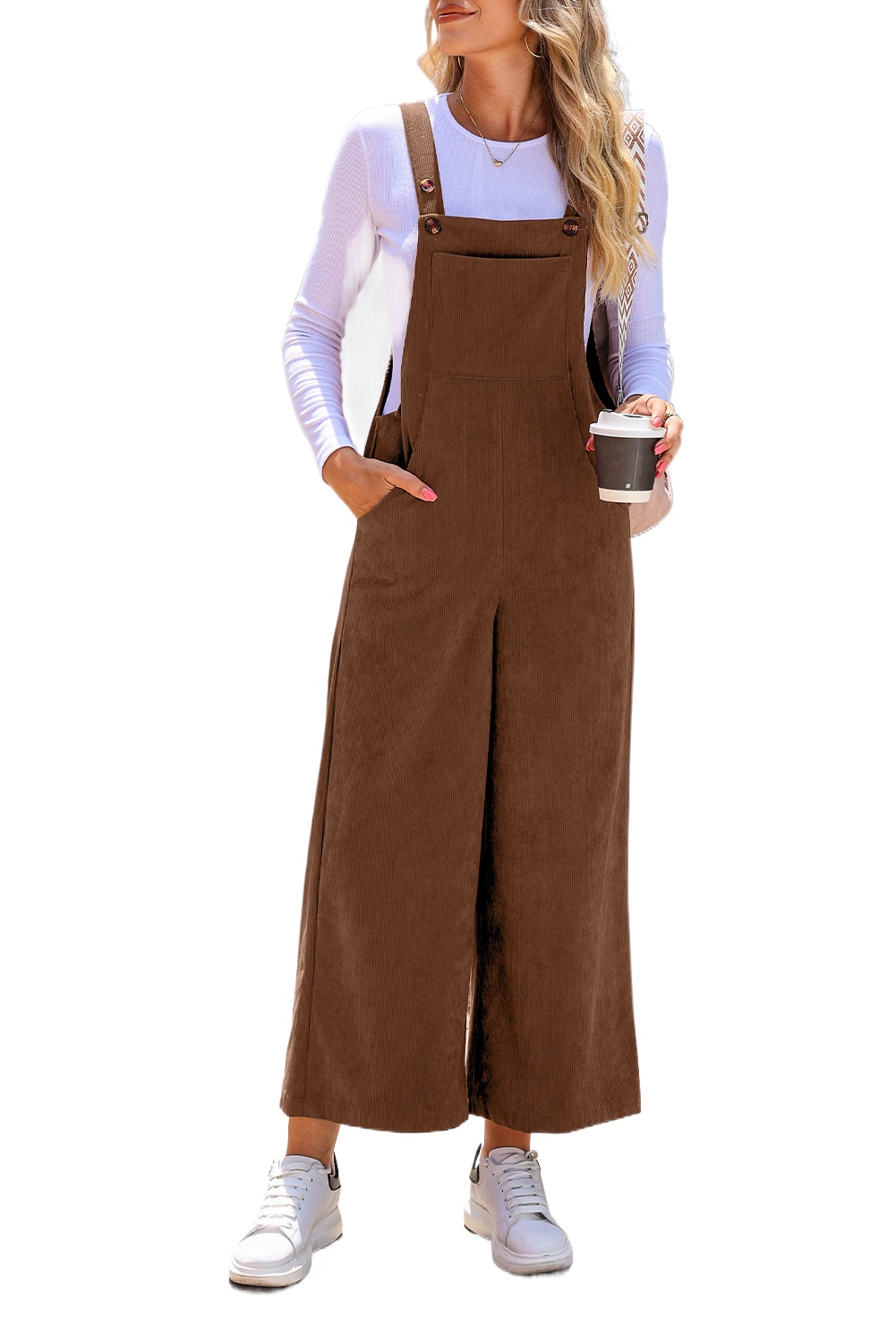 Women's Brown Corduroy Overalls, Wide Leg Casual Jumpsuit - Main View Women's Brown Corduroy Overalls, Wide Leg Casual Jumpsuit - Main View