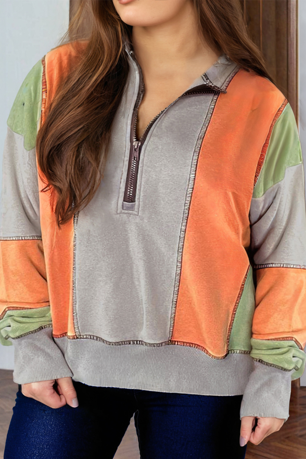 Women's Sweatshirt, Light Grey, Color Block, Stitching Detail, Half Zipper, Casual, Cozy, Everyday Wear, Long Sleeve, Colorful, Versatile, Easy to Style, Tops, Sweatshirts & Hoodies, Fashionable Elements, Design - Detail View 4 Women's Sweatshirt, Light Grey, Color Block, Stitching Detail, Half Zipper, Casual, Cozy, Everyday Wear, Long Sleeve, Colorful, Versatile, Easy to Style, Tops, Sweatshirts & Hoodies, Fashionable Elements, Design - Detail View 4