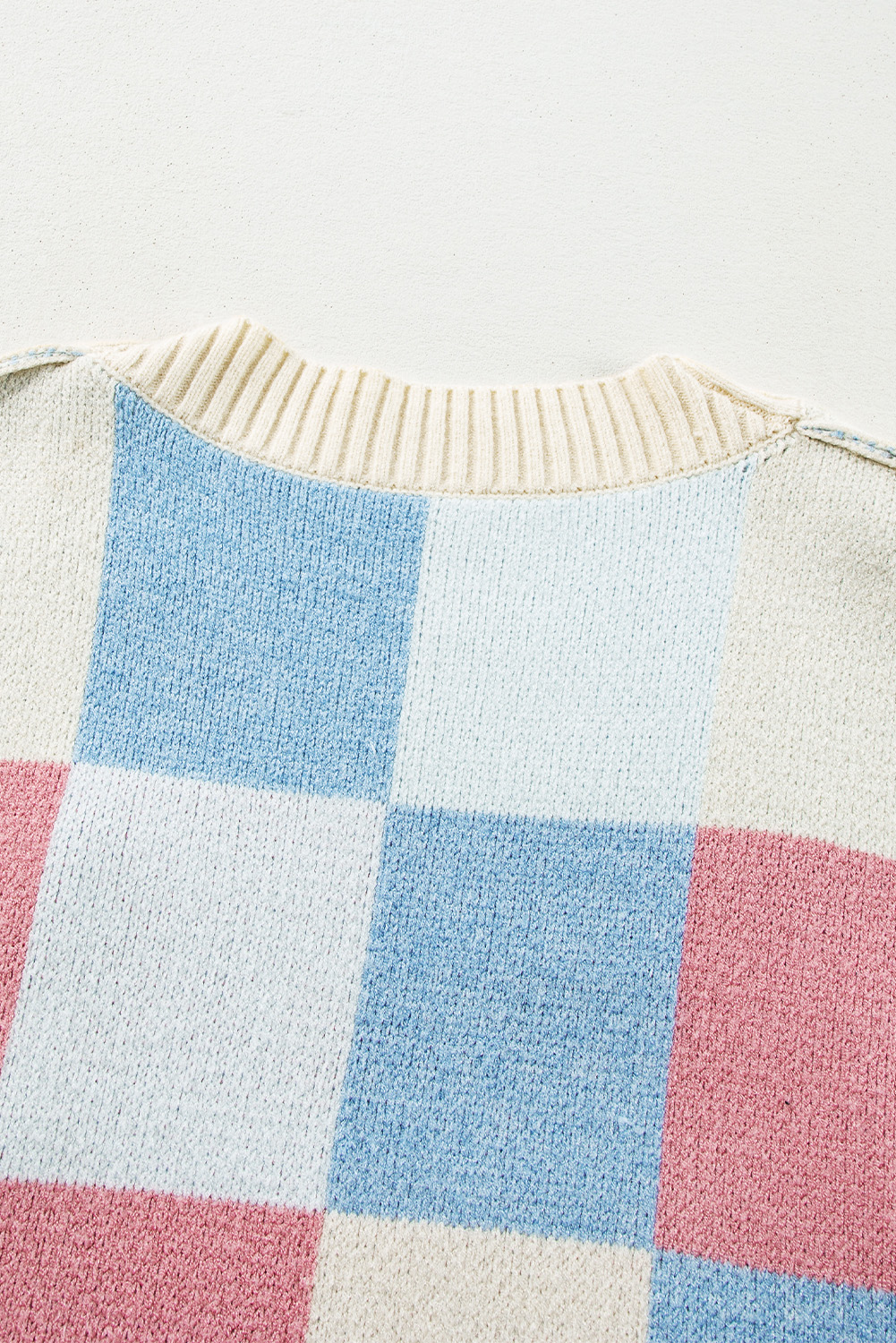 Timeless Checkered Knitwear - Light Blue Drop Shoulder Cardigan with Exposed Seams - Detail View 12 Timeless Checkered Knitwear - Light Blue Drop Shoulder Cardigan with Exposed Seams - Detail View 12