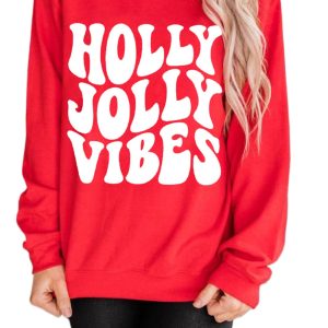 Women's Red Holiday Graphic Crewneck Sweatshirt - HOLLY JOLLY VIBES - Main View