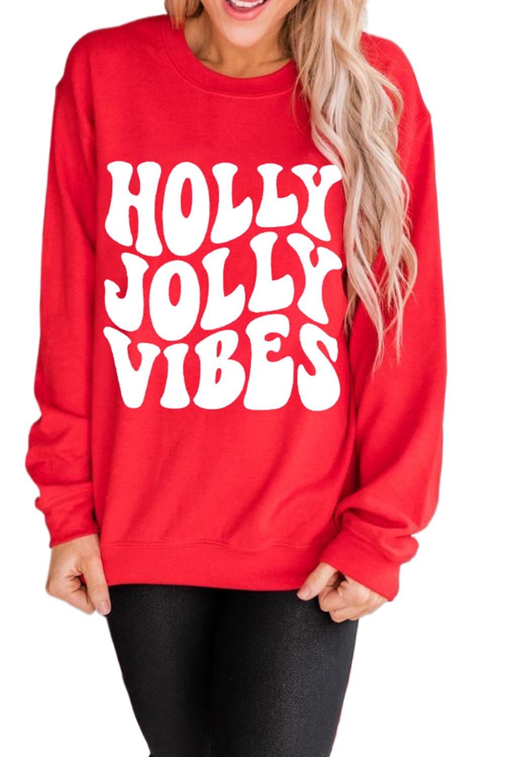 Women's Red Holiday Graphic Crewneck Sweatshirt - HOLLY JOLLY VIBES - Main View Women's Red Holiday Graphic Crewneck Sweatshirt - HOLLY JOLLY VIBES - Main View