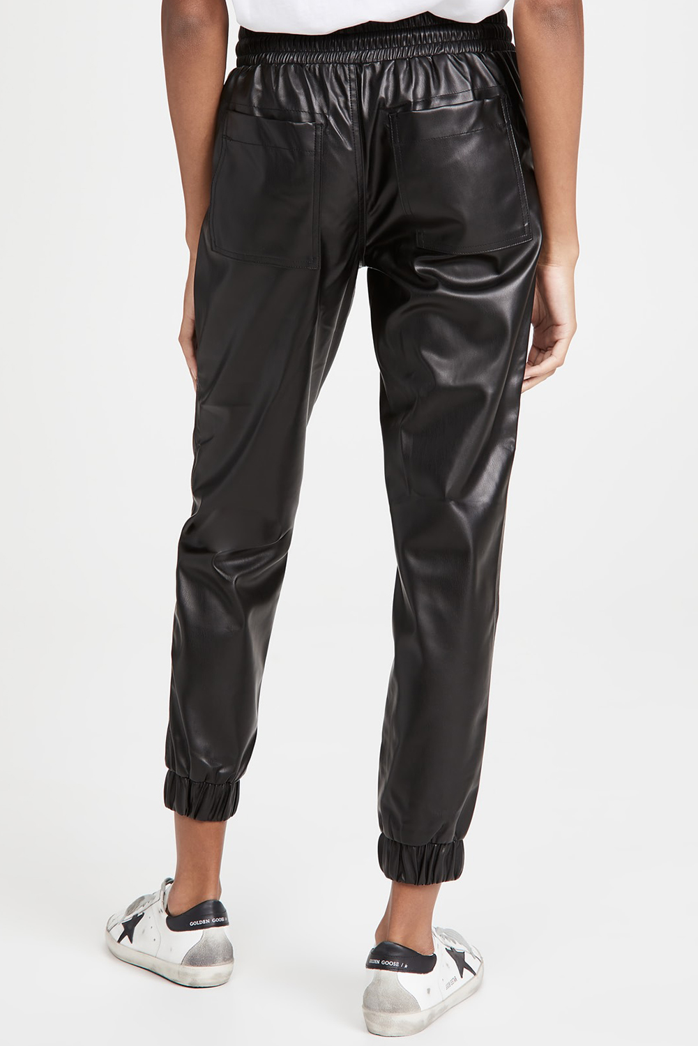 Fashionable Faux Leather Joggers with Adjustable Waist and Side Pockets - Black - Detail View 2 Fashionable Faux Leather Joggers with Adjustable Waist and Side Pockets - Black - Detail View 2