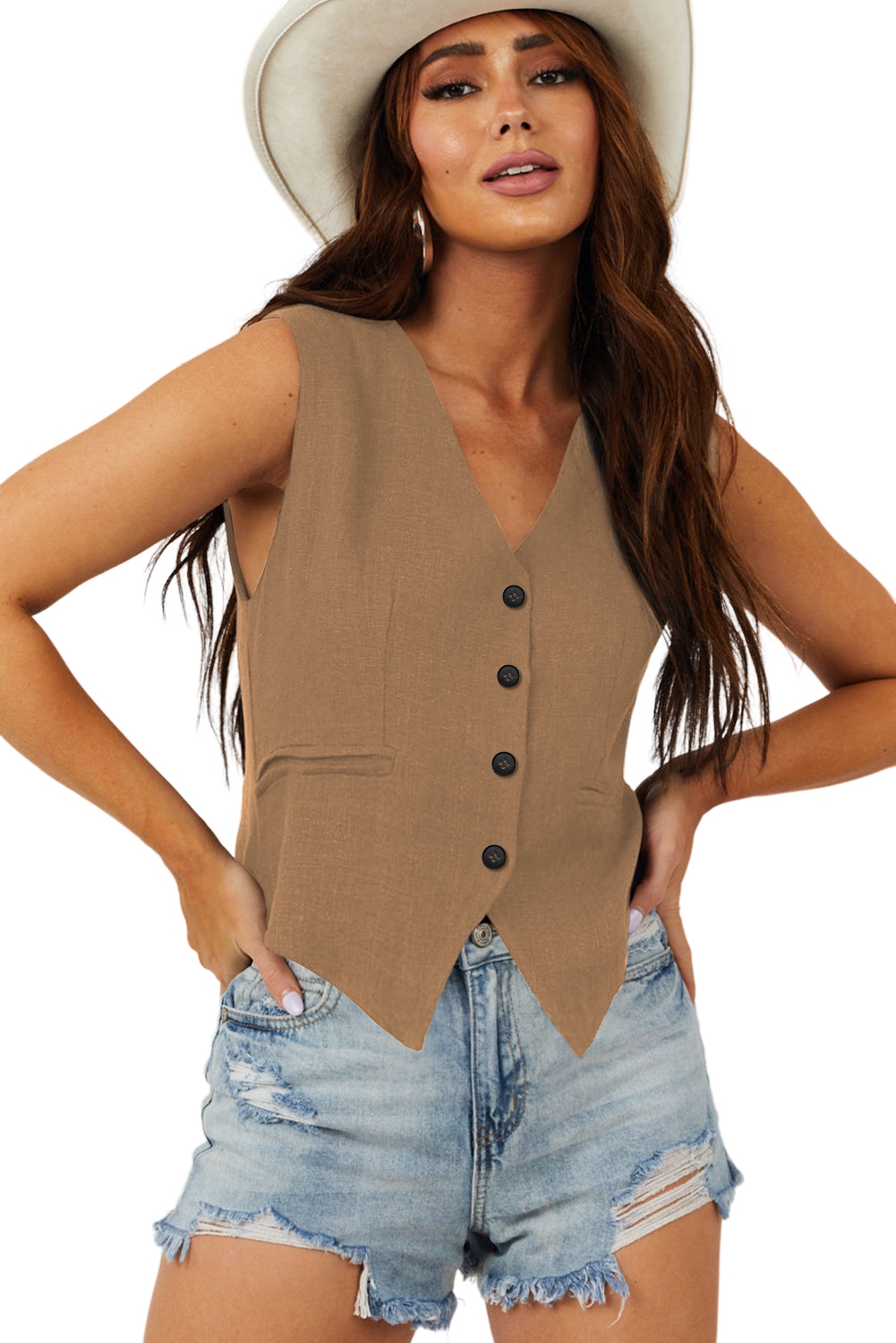 Women's Chestnut Solid Color V Neck Suit Vest - Detail View 16 Women's Chestnut Solid Color V Neck Suit Vest - Detail View 16